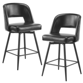 2 Pcs Black PU Swivel Bar Stools with Open Backrest & Metal Legs